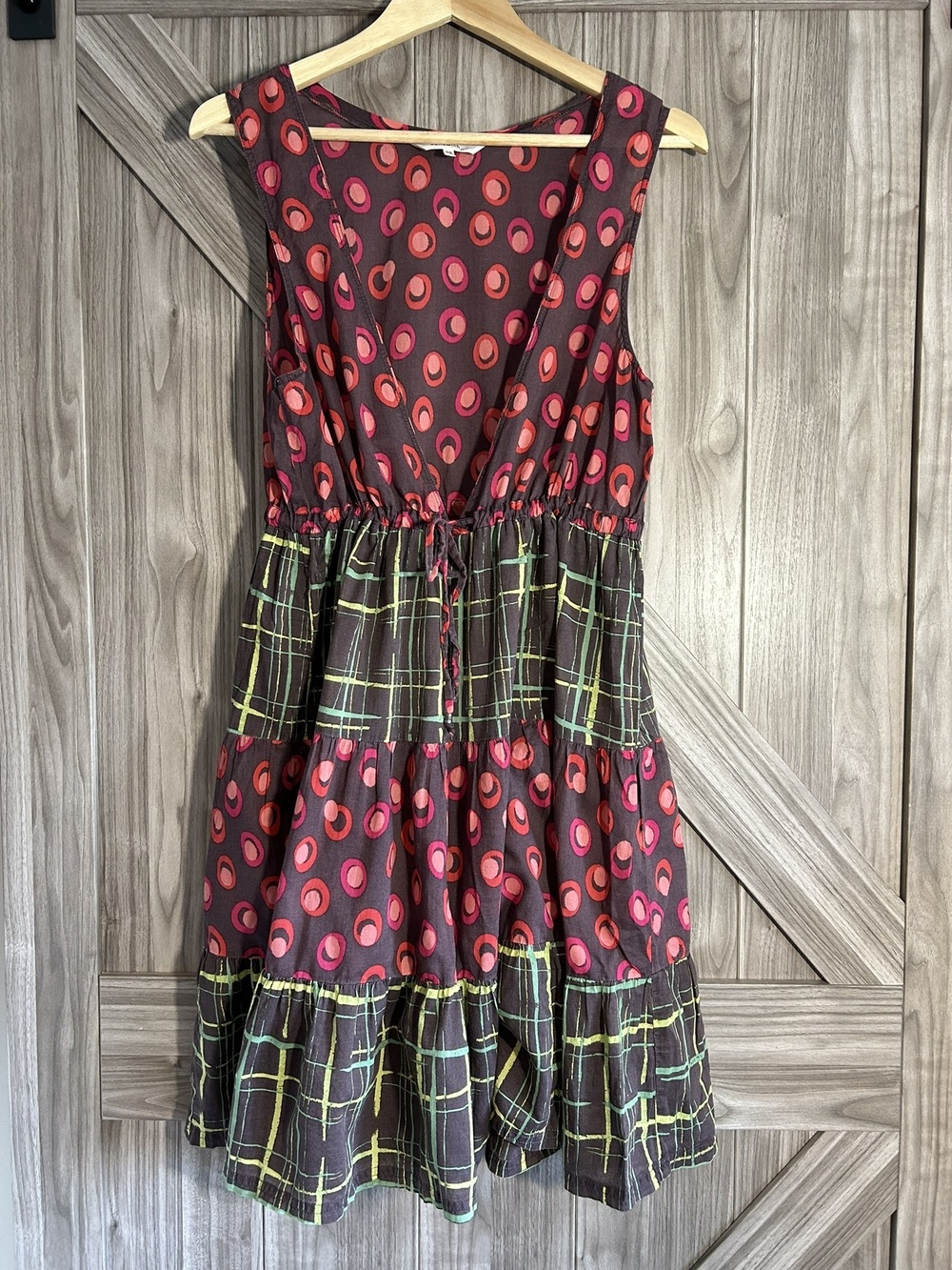 Sandwich Geometric Boho Tiered Dress 100% Cotton EU 38 US S Deep V-Neck